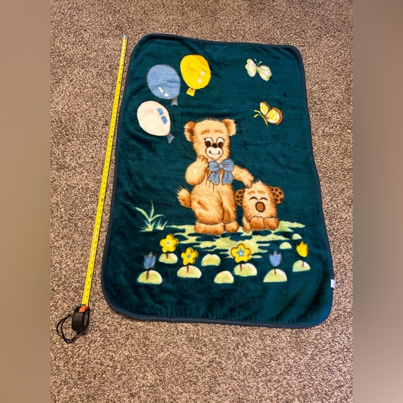 Vintage Turquoise Bear Balloons Puppy Dog Plush Throw Blanket Flower Butterfly